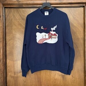 VTG Large Jerzee's Christmas Cottage Button Sweatshirt 90s Cabin Embroidered